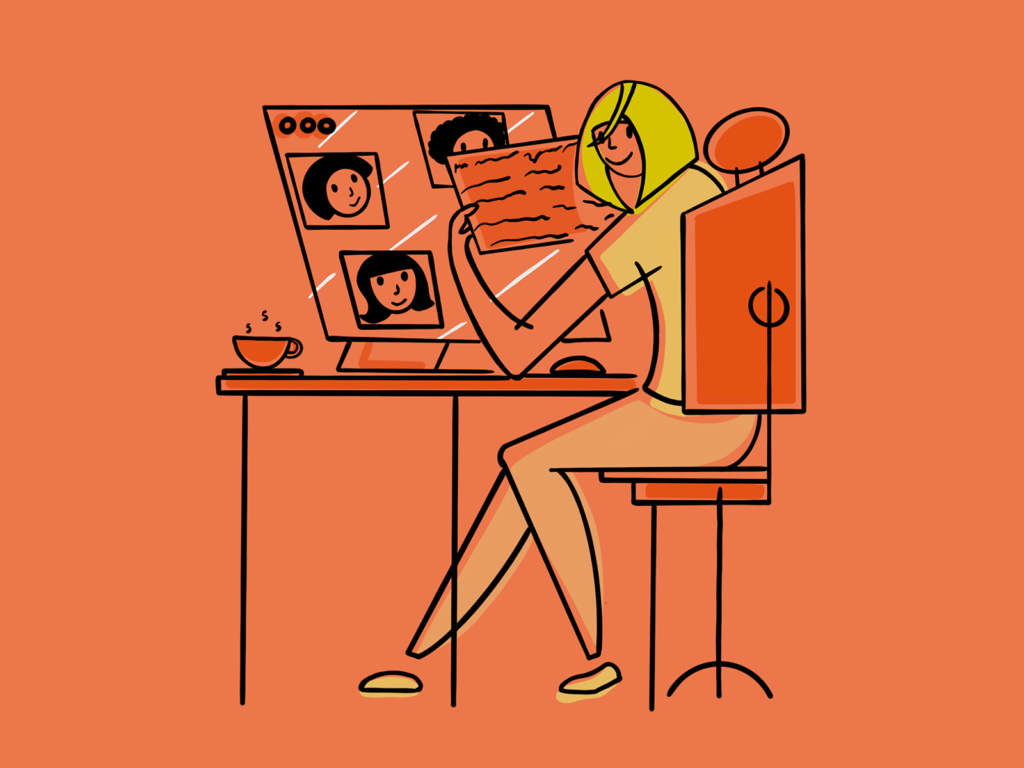 Illustration of a woman sitting at a desk participating on a video call
