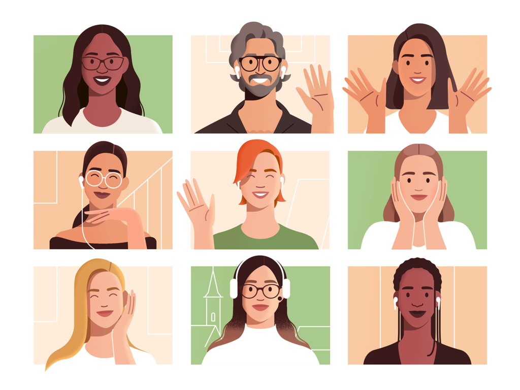 Illustration of 9 people waving at each other, each in their individual square spaces