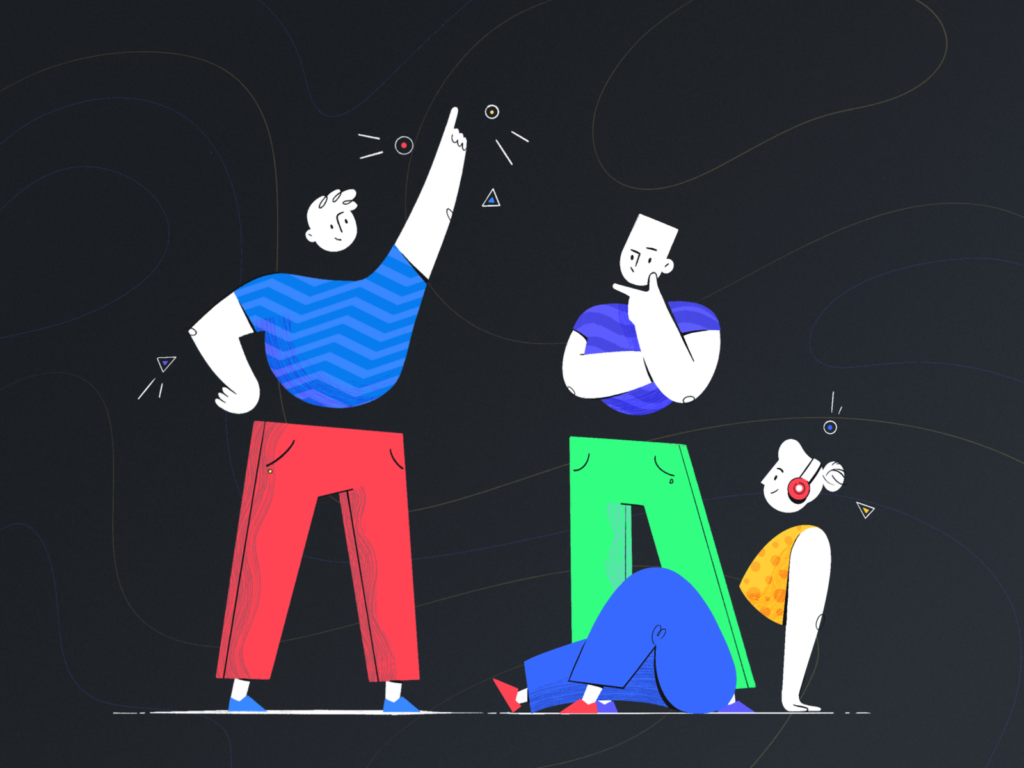 Illustration of a man pointing to the sky while two other people look at him