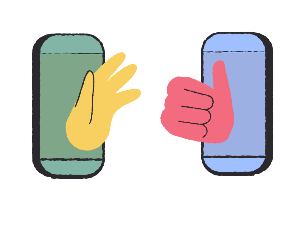 Illustration of two phones with hand that are metaphorically reaching out to each other from each phone