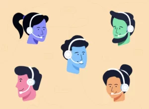 Illustration of 5 people's heads, each of which is wearing a headset