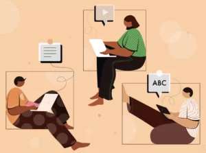 Illustration of 3 people working remotely on their laptops