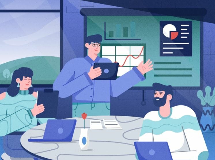 Illustration of a man speaking to colleagues in a conference room