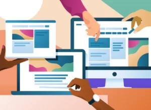 Illustration of people pointing to graphs on various laptops