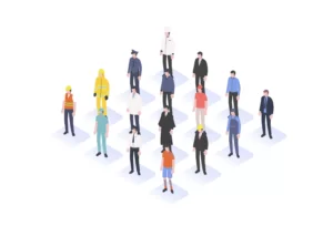Illustration of people standing on a chess board