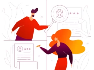 illustration of two people, each working on whiteboards
